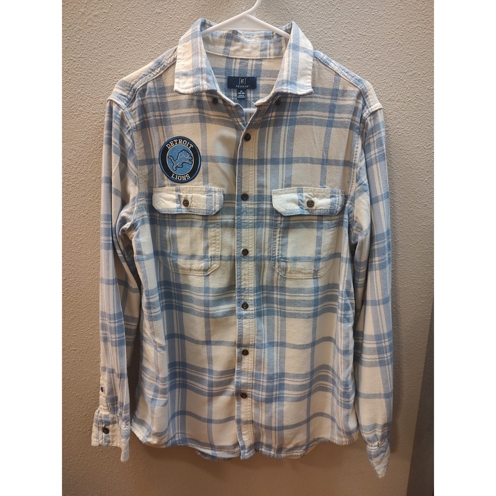 Detroit Lions Flannel Unisex Medium Upcycled Plaid Button Down Football Shirt F7